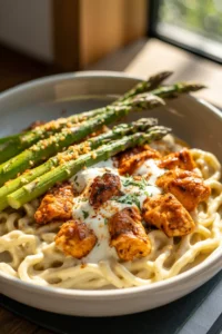 Greek Chili Chicken Alfredo with Smoked Feta Cream & Crispy Parmesan Asparagus