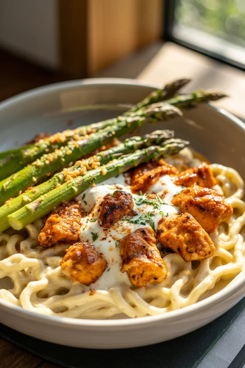 Greek Chili Chicken Alfredo with Smoked Feta Cream & Crispy Parmesan Asparagus