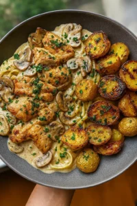 Creamy Mushroom Chicken Alfredo with Hot Honey Potatoes