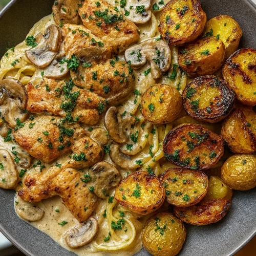 Creamy Mushroom Chicken Alfredo with Hot Honey Potatoes