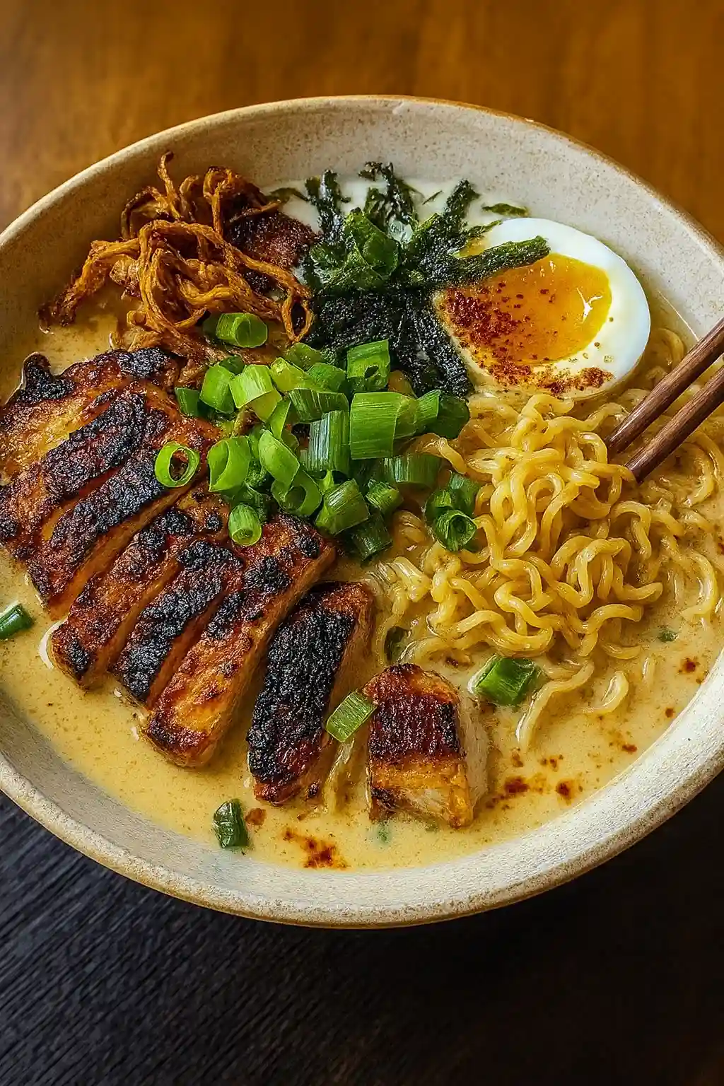 Fiery Chicken Ramen with Creamy Garlic Sauce